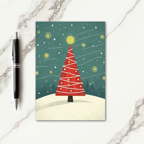 Red Tree Winter Night Card