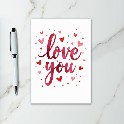 Red Watercolor Love You Hearts Card