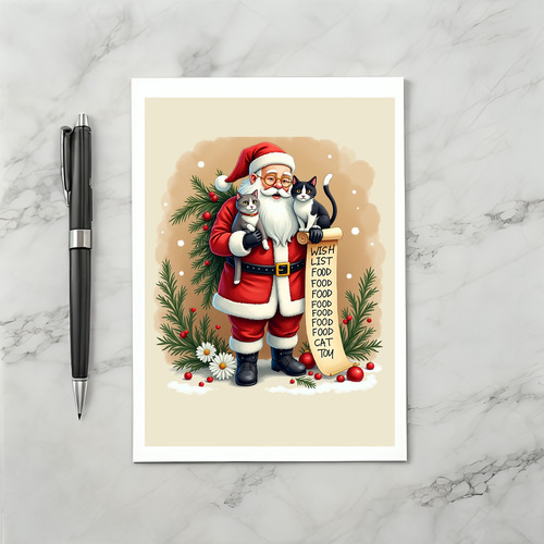 Santa Holding Cats Christmas Card Funny Food Wishlist