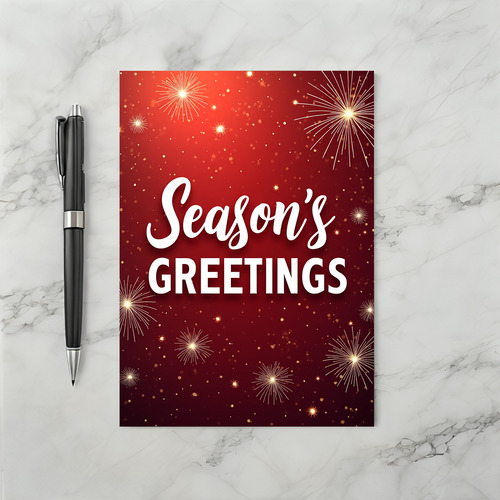 Seasons Greetings Card with Red Sparkle and Fireworks