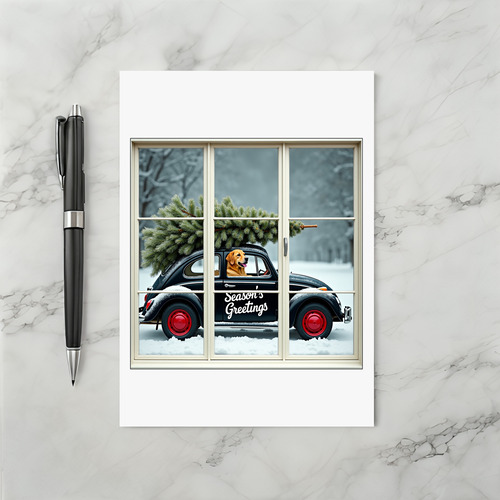 Seasons Greetings Dog Beetle Christmas Tree Window