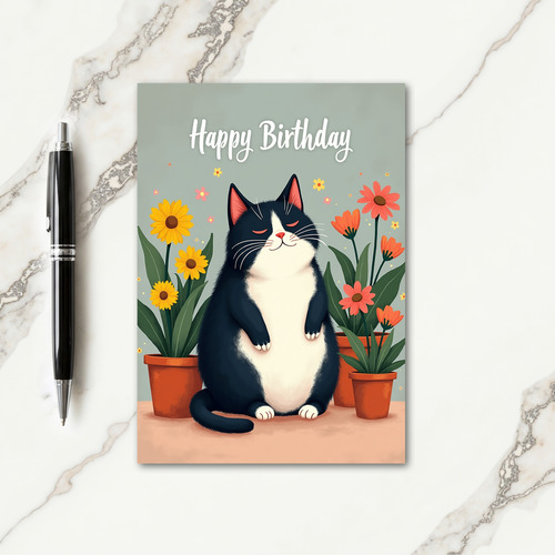Serene Cat Birthday Floral Card