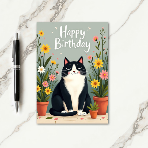 Serene Cat Floral Birthday Card
