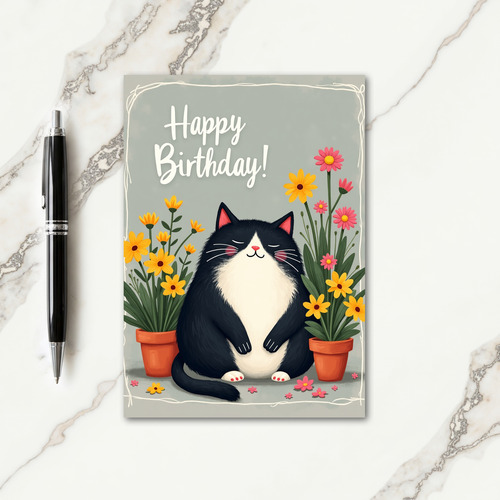 Serene Cat Flowers Birthday Card