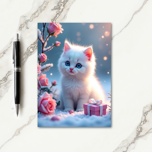 Serene White Cat Christmas Card