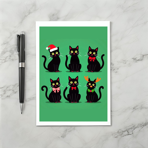 Six Black Cats Christmas Card Holiday Funny Pet Illustration