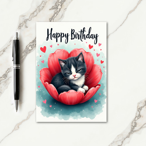 Sleeping Cat Birthday Flower Card