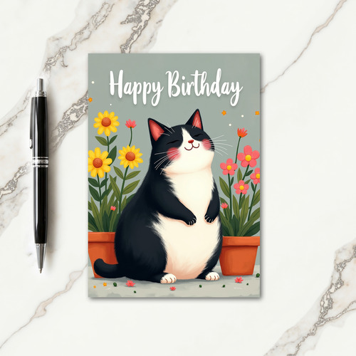 Smiling Cat Floral Birthday Card