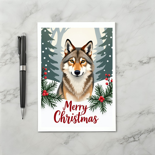 Smiling Wolf Merry Christmas Card Winter Woods