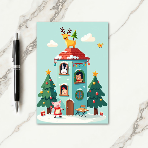 Snowy Teal House Christmas Card