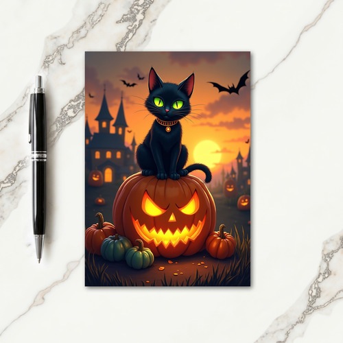 Spooky Cat On Glowing Pumpkin Card