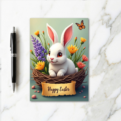 Spring Bunny Floral Nest Greeting Card
