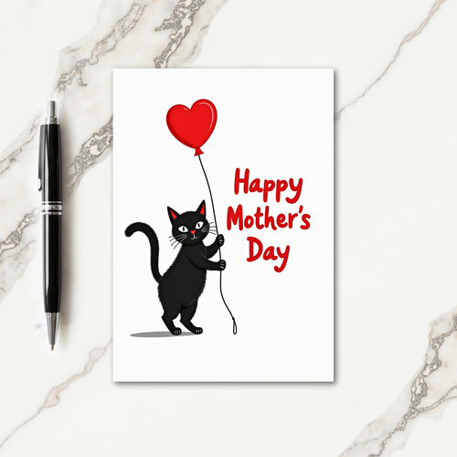 Striped Cat Balloon Heart Card