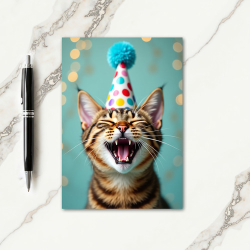 Striped Cat Party Hat Birthday Card