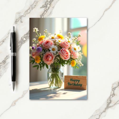 Striped Daisy And Rose Bloom Card