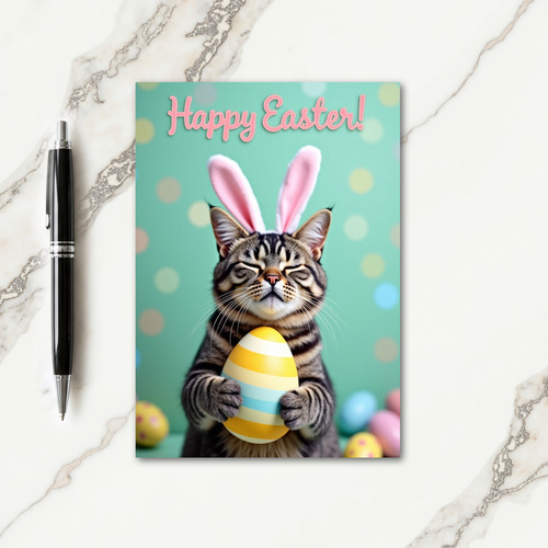 Striped Egg Happy Cat Season Card