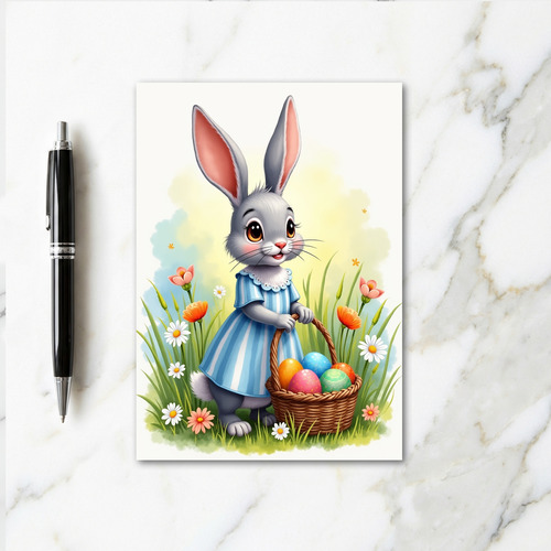 Striped Frock Rabbit Egg Basket Card