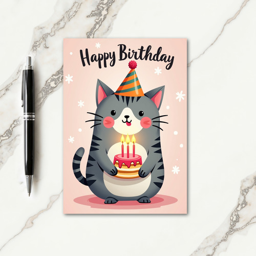 Striped Hat Feline Birthday Card