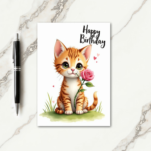 Sweet Birthday Striped Cat Rose Card