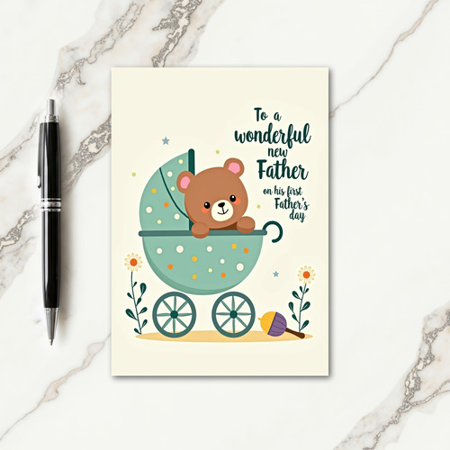 Sweet Fathers Day Bear In Carriage Card
