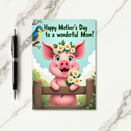 Sweet Mothers Day Pig Illustration Card