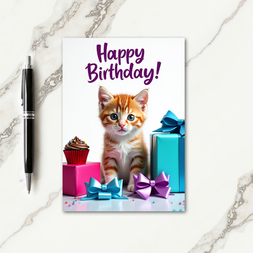 Sweet Striped Kitten Birthday Card