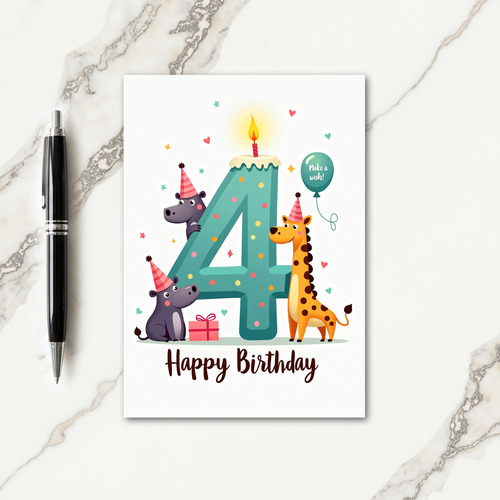 Teal 4Th Birthday Animal Card