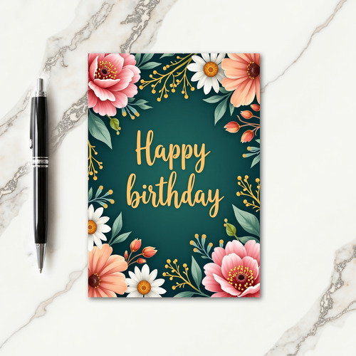 Teal Flora Birthday Card