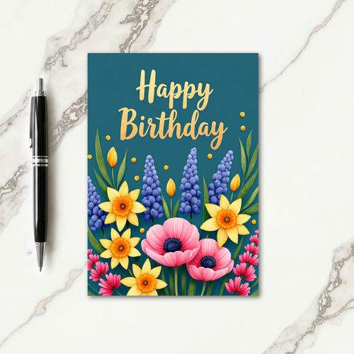 Teal Floral Birthday Script Card