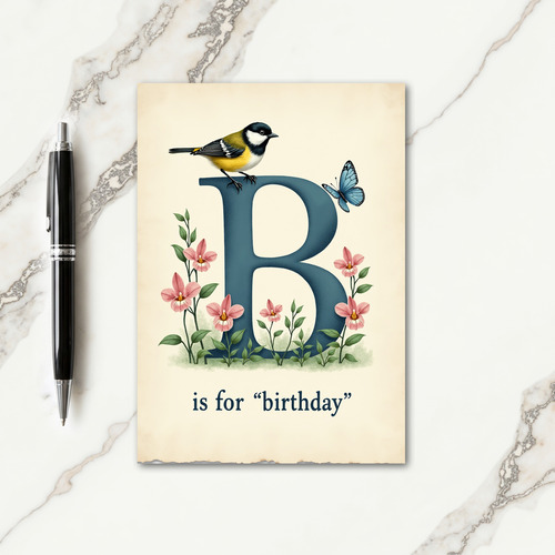 Teal Initial Birthday Bird Card
