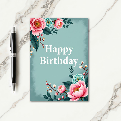 Teal Pink Floral Birthday Card