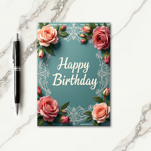 Teal Rose Birthday Card