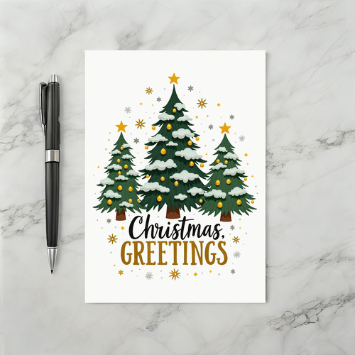 Three Christmas Trees Snow Gold Star Greetings Card