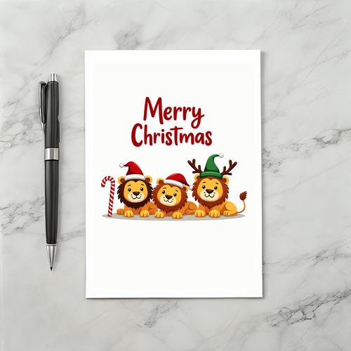 Three Cute Lion Cubs Christmas Card with Reindeer Hats