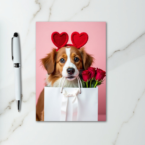 Valentines Puppy With Roses Card