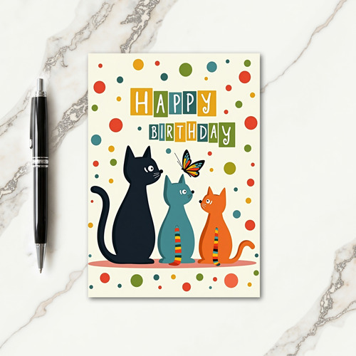 Vibrant Cats Butterfly Birthday Card