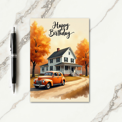 Vintage Autumn Car Birthday Card