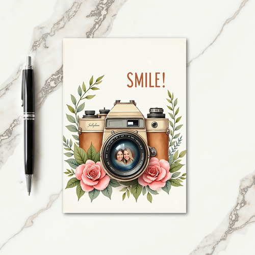 Vintage Camera Rose Birthday Card