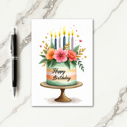 Watercolor Cake And Floral Card