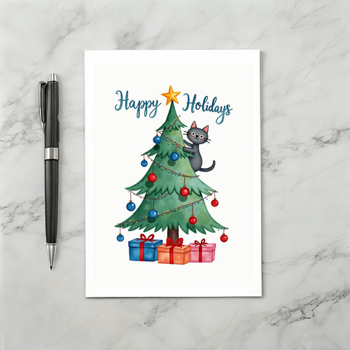 Watercolor Cat In Tree Happy Holidays Card Illustration