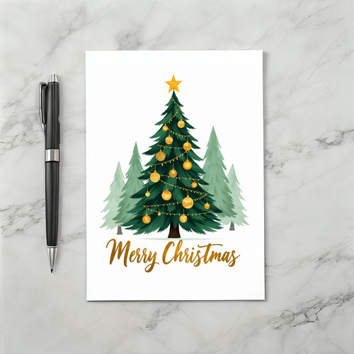 Watercolor Christmas Tree Card Gold Ornaments