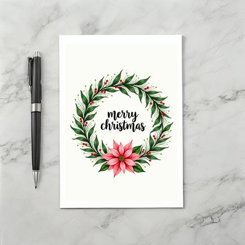 Watercolor Christmas Wreath Christmas Card with Poinsettia