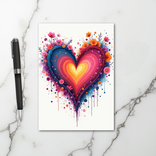 Watercolor Love Heart Flowers Card