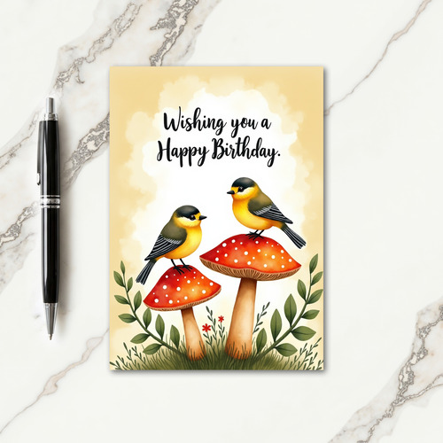 Whimsical Birds Fungi Birthday Card