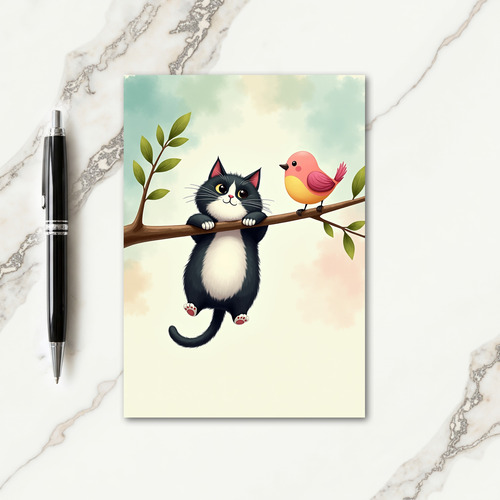 Whimsical Birthday Cat Bird Card