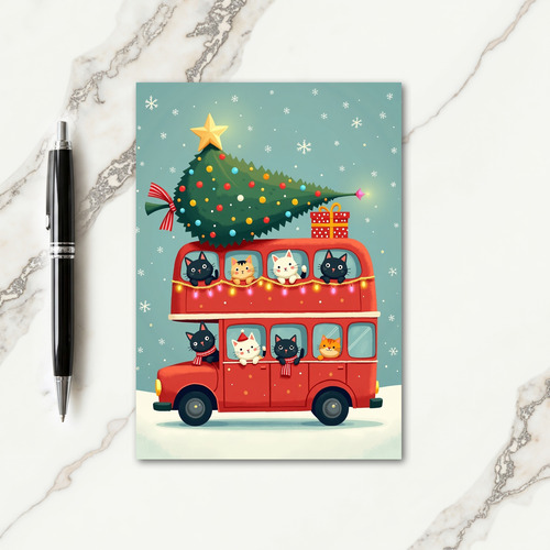 Whimsical Cat Bus Christmas Card