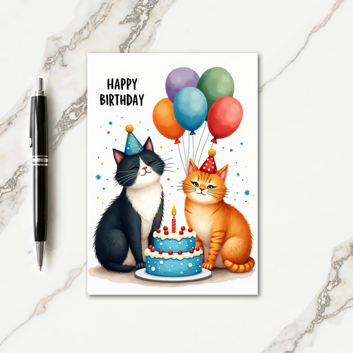Whimsical Cat Party Birthday Card