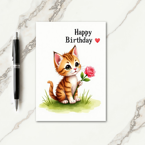Whimsical Cat Rose Birthday Card