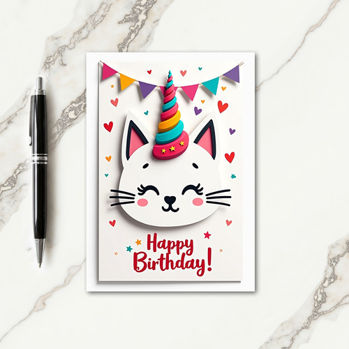 Whimsical Horned Cat Birthday Card