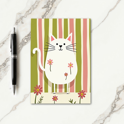 White Cat Striped Birthday Card